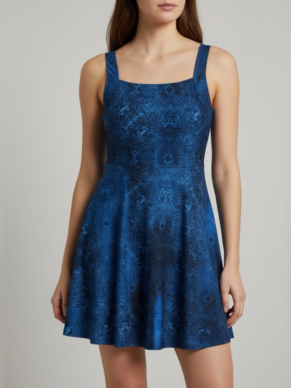 Dkny Navy Blue Floral-Pattern Square Neck Mini Dress size 8